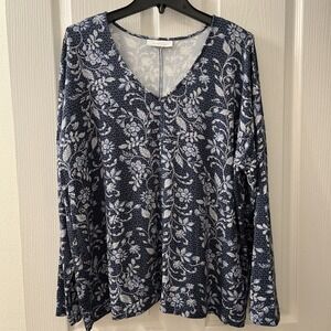PureJill Eco Terry Tunic Women's Blue Floral V Neck Long Sleeve Fits Like XL